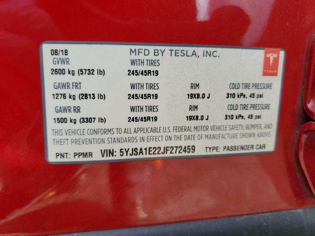 2018 Tesla Model S VIN: 5YJSA1E22JF272459 Lot: 77368494