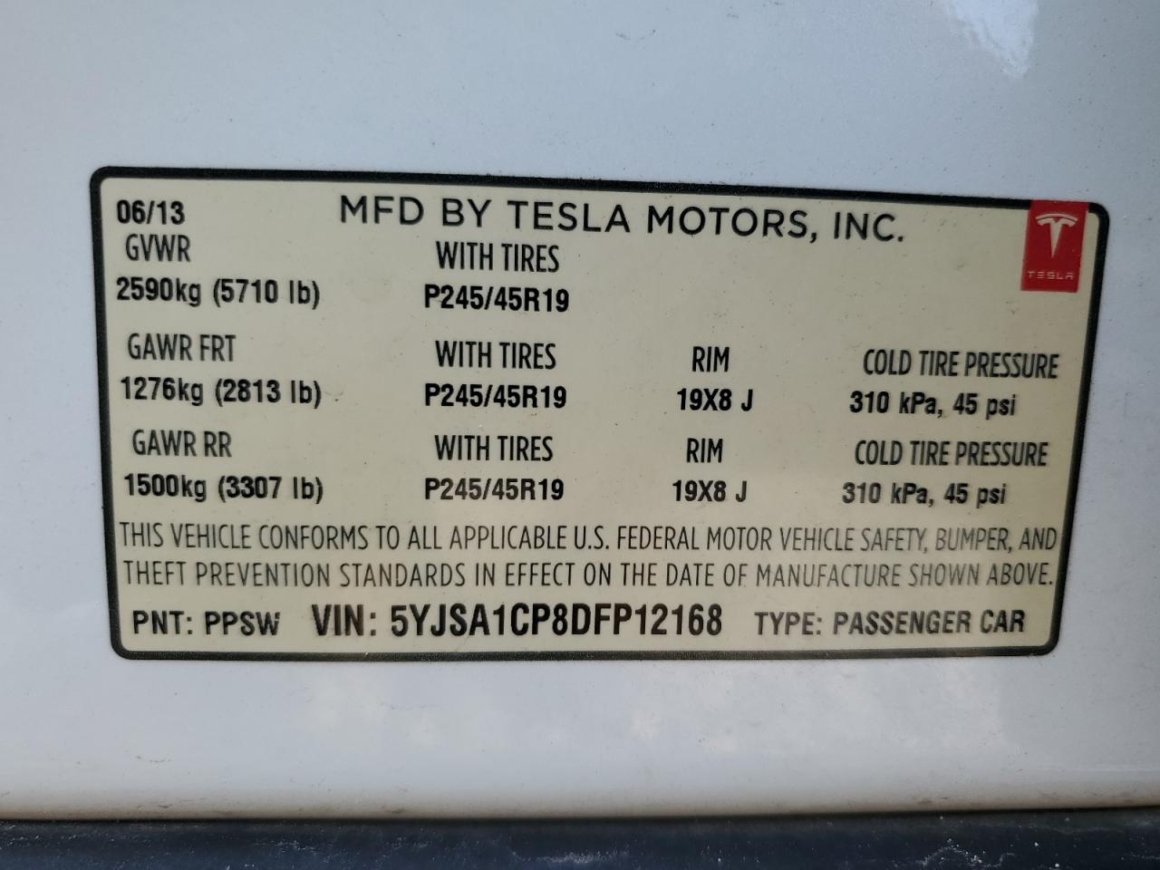 2013 Tesla Model S VIN: 5YJSA1CP8DFP12168 Lot: 78719504