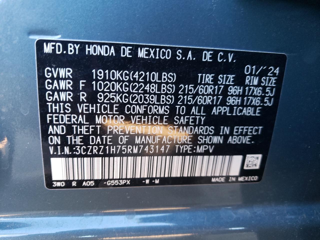 VIN 3CZRZ1H75RM743147 2024 HONDA HR-V no.13