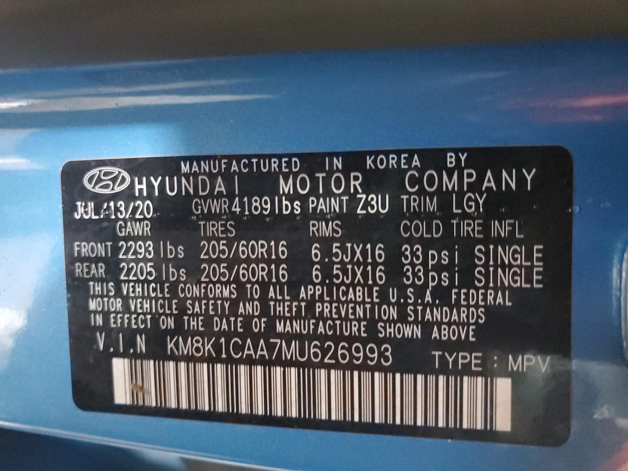 2021 Hyundai Kona Se VIN: KM8K1CAA7MU626993 Lot: 79324214