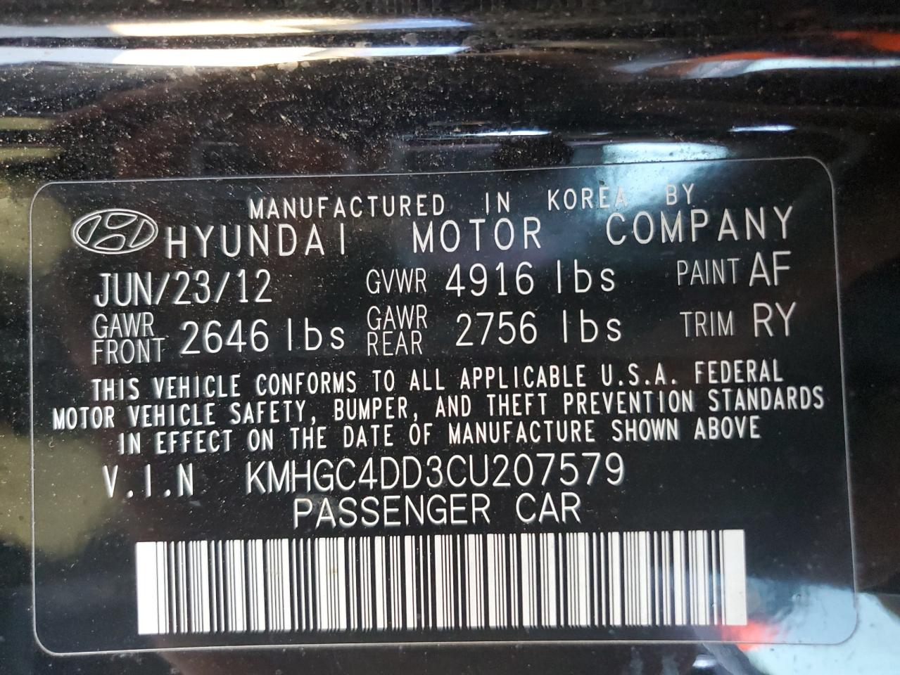 2012 Hyundai Genesis 3.8L VIN: KMHGC4DD3CU207579 Lot: 81733694