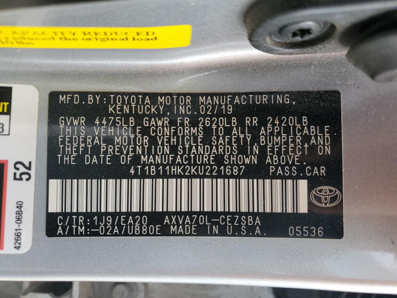 VIN 4T1B11HK2KU221687 2019 TOYOTA CAMRY no.12