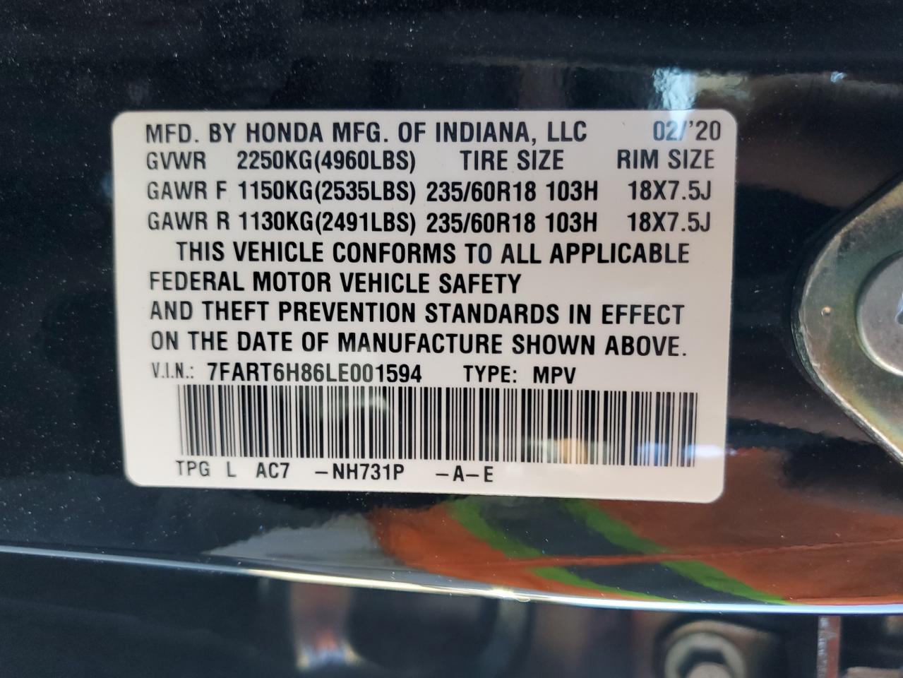 2020 Honda Cr-V Exl VIN: 7FART6H86LE001594 Lot: 80481144