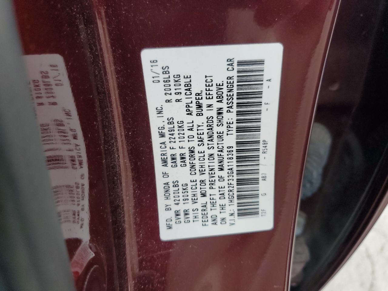 2016 Honda Accord Lx VIN: 1HGCR2F33GA118369 Lot: 80954944