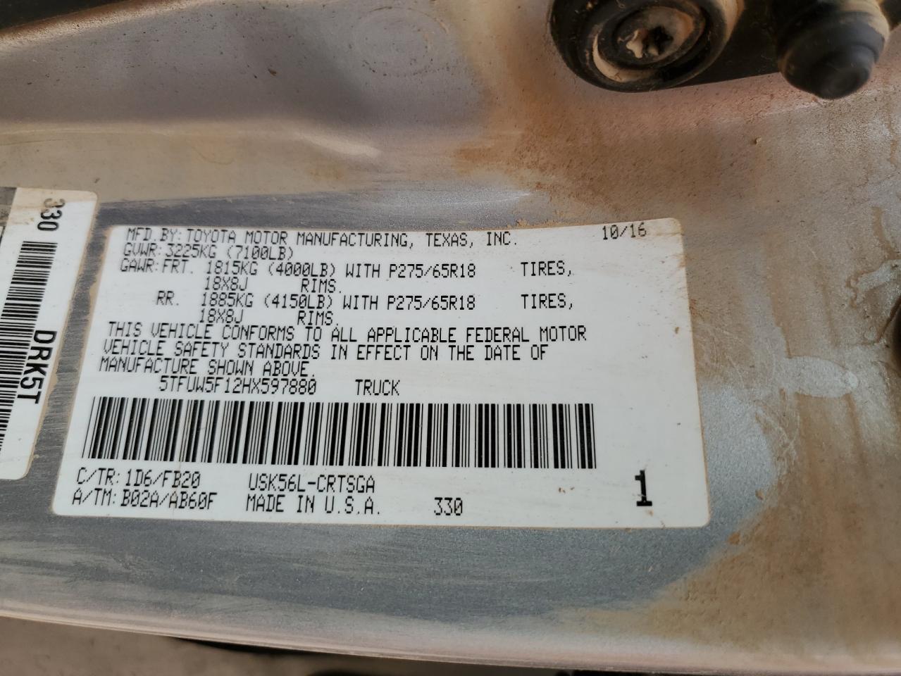 VIN 5TFUW5F12HX597880 2017 TOYOTA TUNDRA no.12