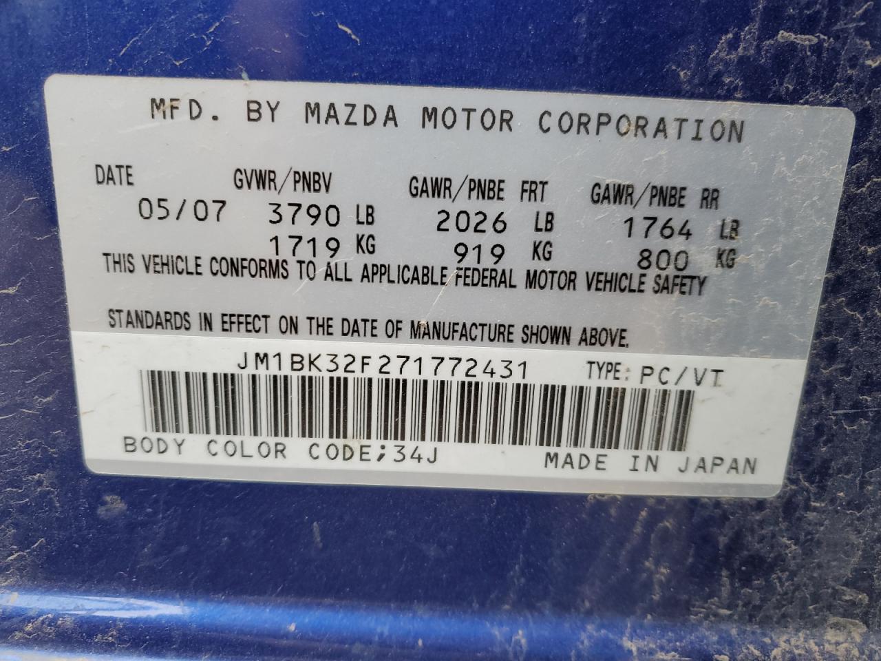 2007 Mazda 3 I VIN: JM1BK32F271772431 Lot: 80081244