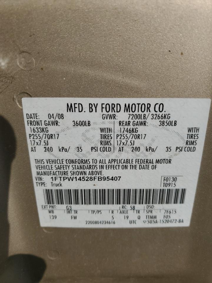 2008 Ford F150 Supercrew VIN: 1FTPW14528FB95407 Lot: 80423584