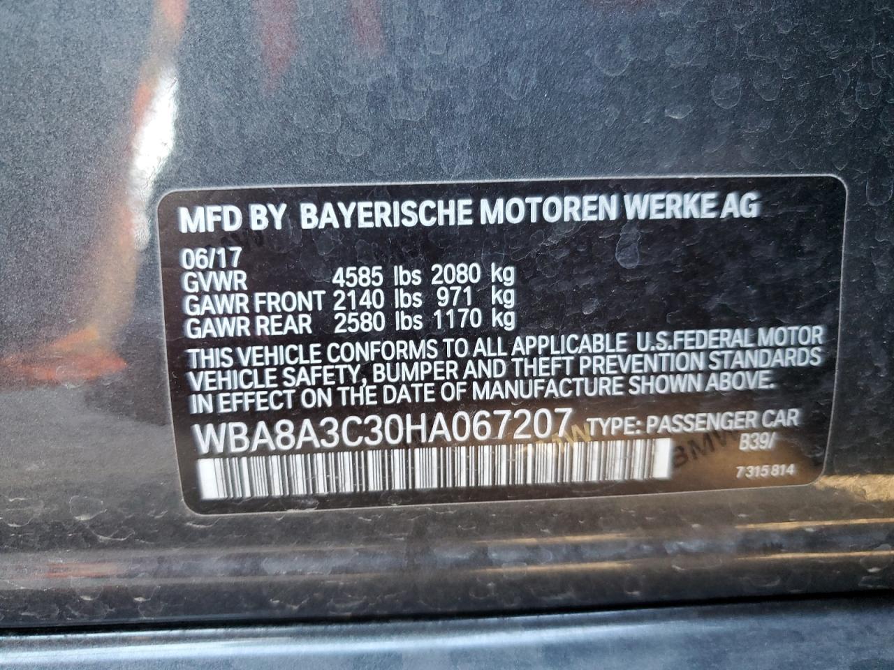 2017 BMW 320 Xi VIN: WBA8A3C30HA067207 Lot: 79841174