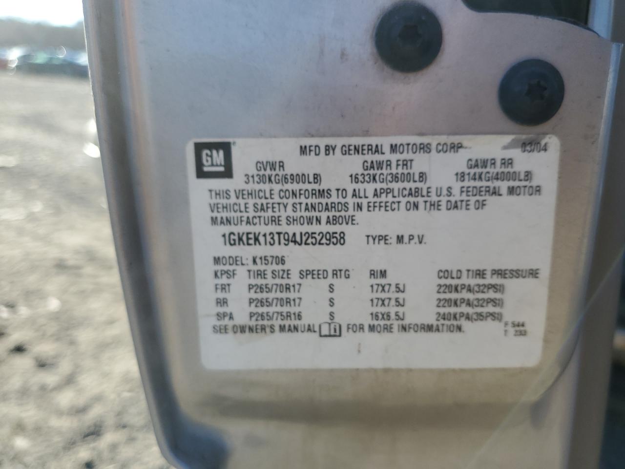 2004 GMC Yukon VIN: 1GKEK13T94J252958 Lot: 79842464