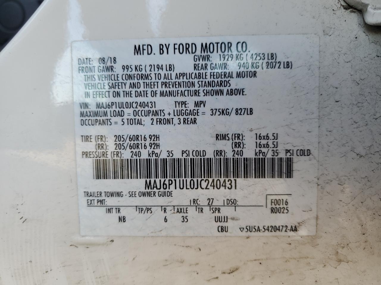 2018 Ford Ecosport Se VIN: MAJ6P1UL0JC240431 Lot: 82587114