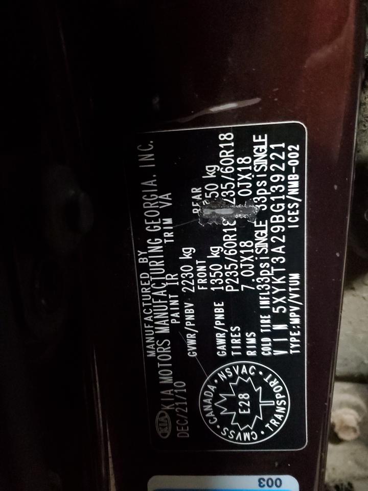 2011 Kia Sorento Base VIN: 5XYKT3A29BG139221 Lot: 81924054