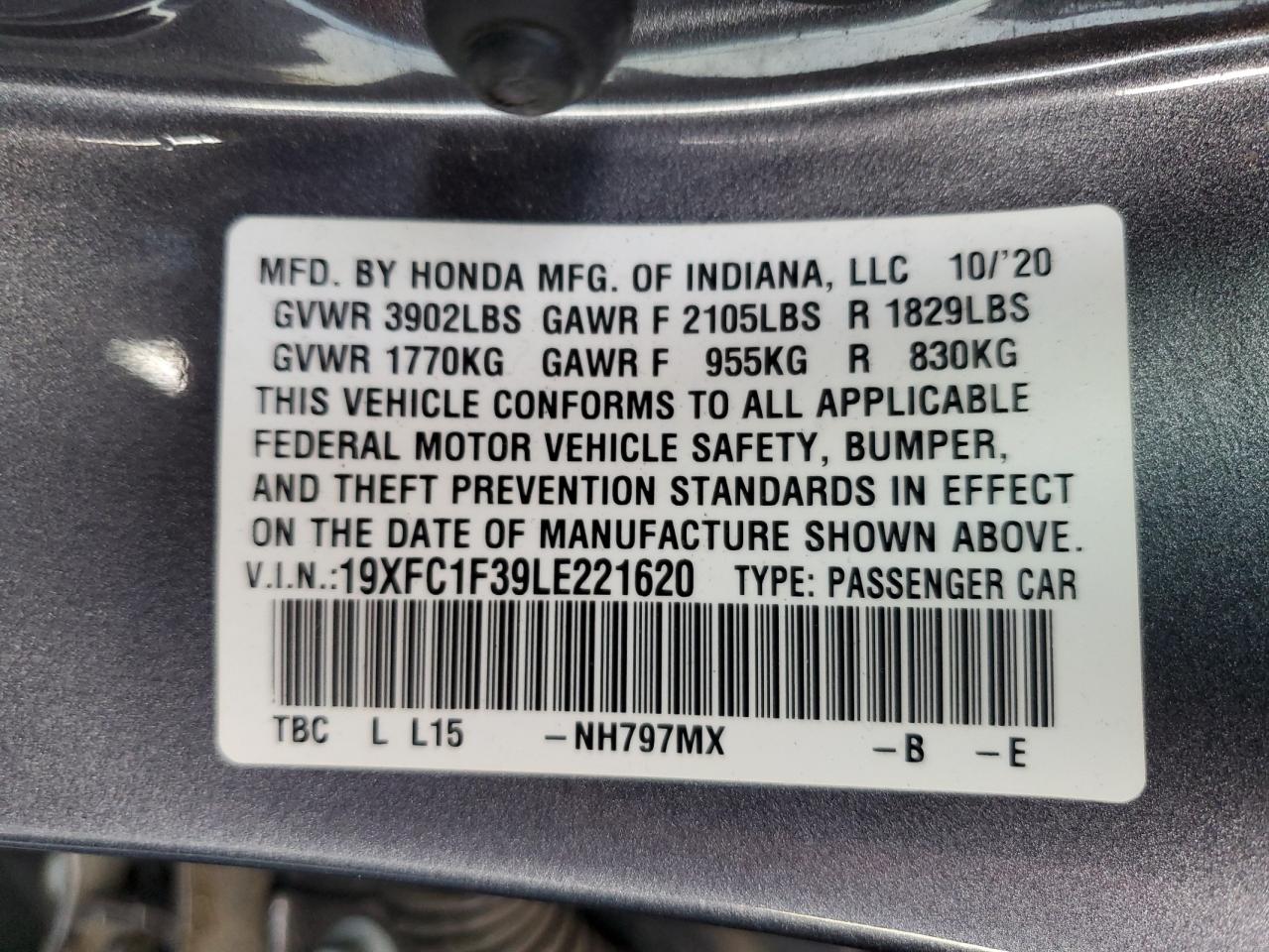 2020 Honda Civic Ex VIN: 19XFC1F39LE221620 Lot: 81640844