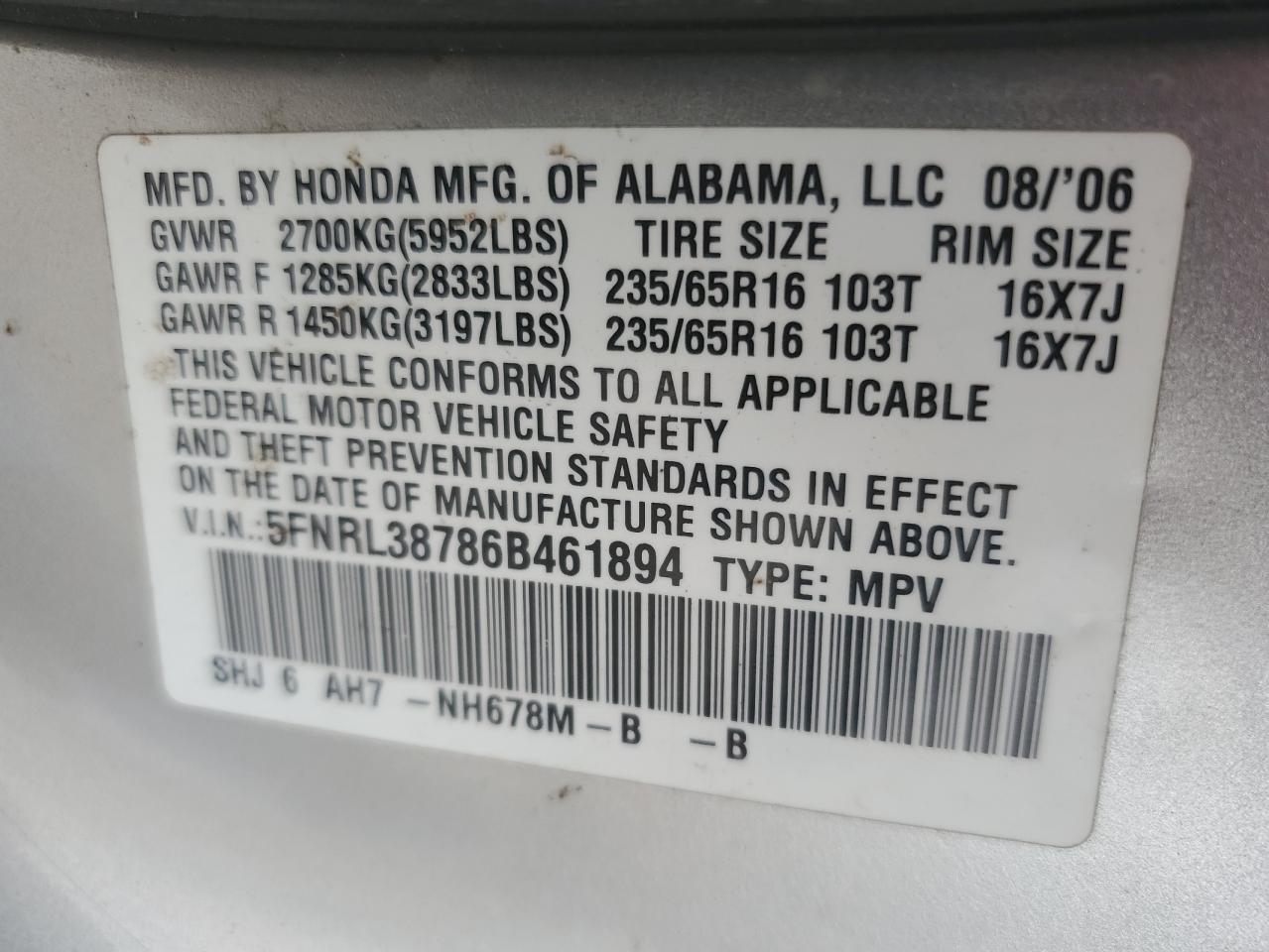 2006 Honda Odyssey Exl VIN: 5FNRL38786B461894 Lot: 80462144