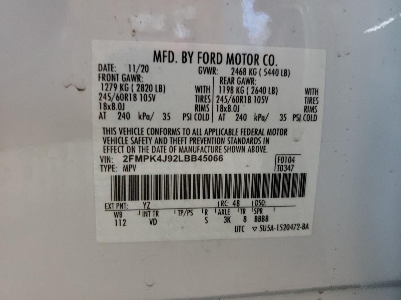 VIN 2FMPK4J92LBB45066 2020 FORD EDGE no.14