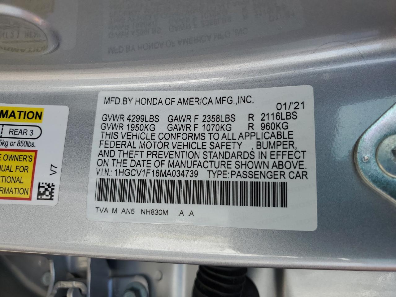 VIN 1HGCV1F16MA034739 2021 HONDA ACCORD no.13