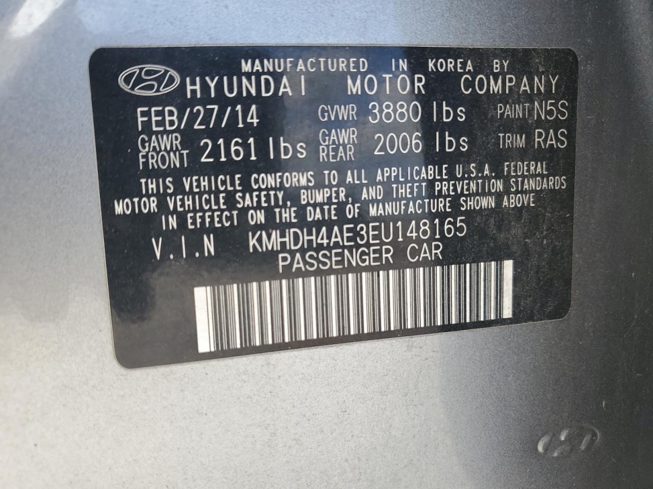 2014 Hyundai Elantra Se VIN: KMHDH4AE3EU148165 Lot: 80593104