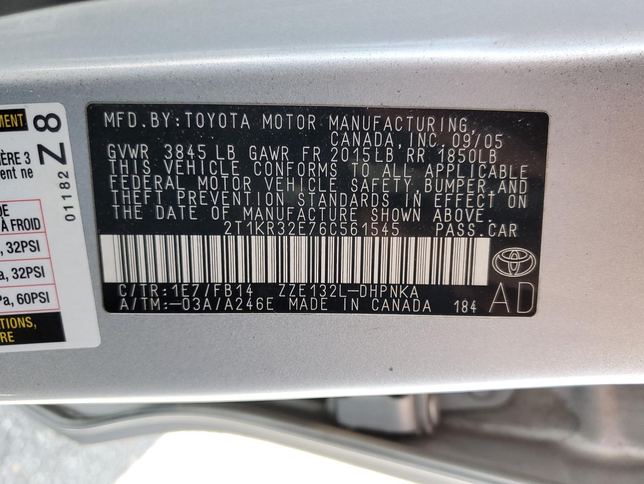 2006 Toyota Corolla Matrix Xr VIN: 2T1KR32E76C561545 Lot: 80592874