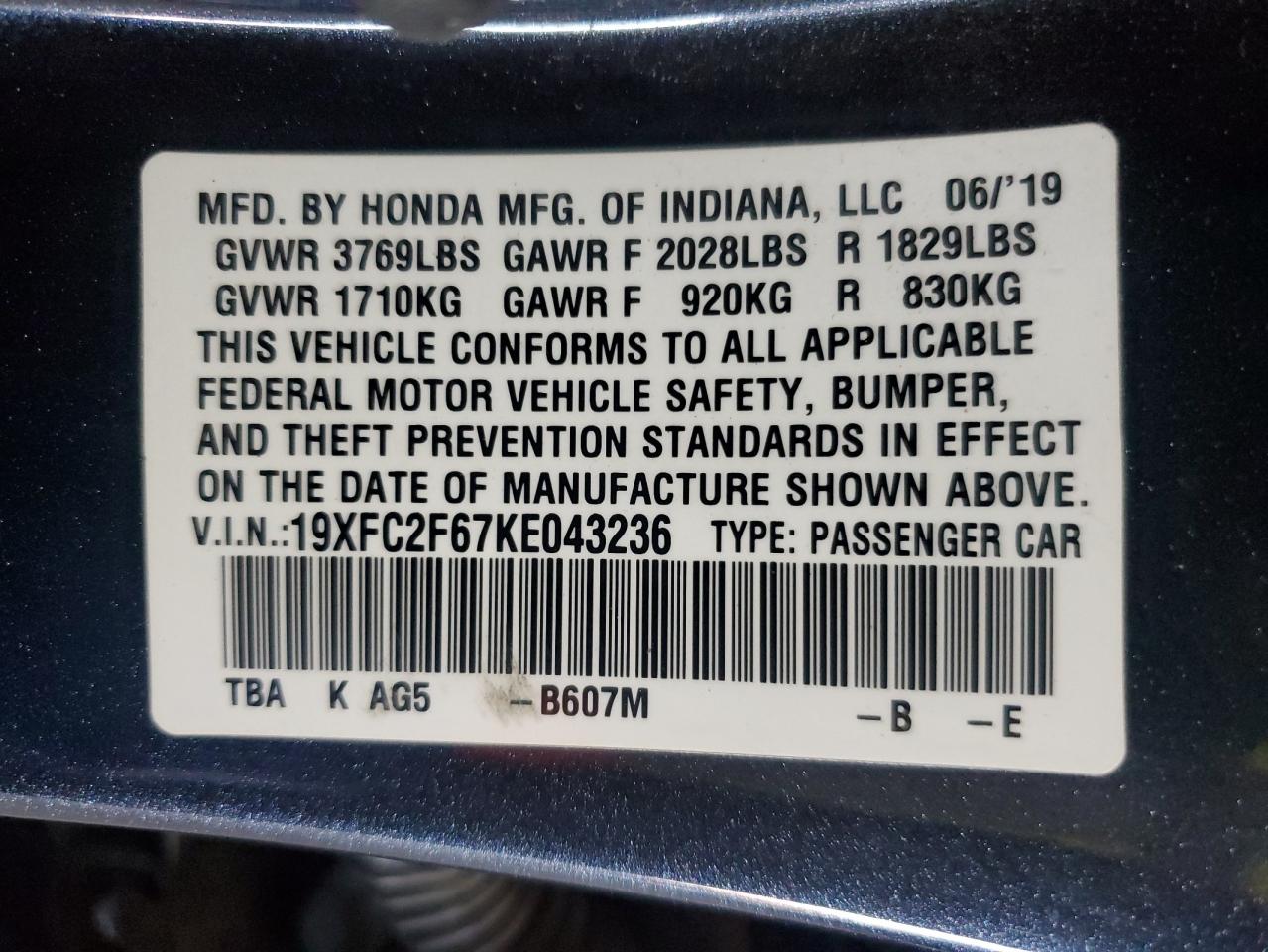 2019 Honda Civic Lx VIN: 19XFC2F67KE043236 Lot: 81698134