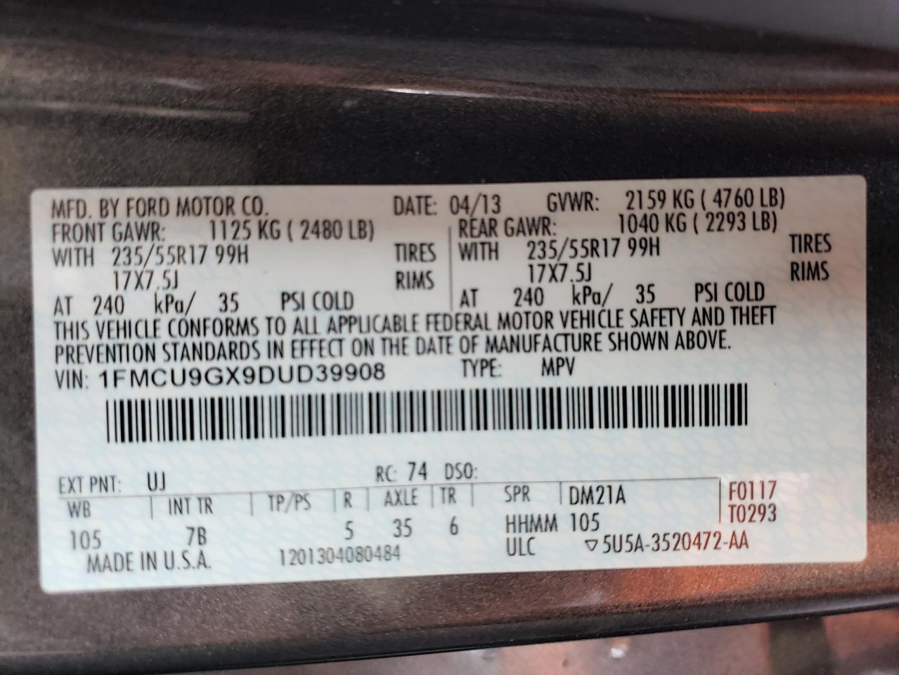 VIN 1FMCU9GX9DUD39908 2013 FORD ESCAPE no.14