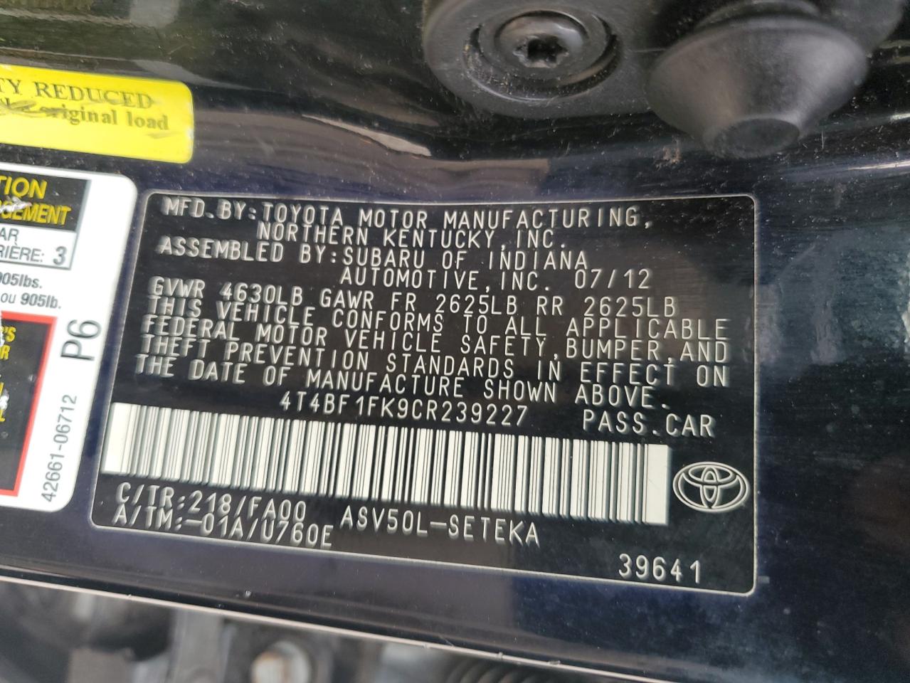 4T4BF1FK9CR239227 2012 Toyota Camry Base