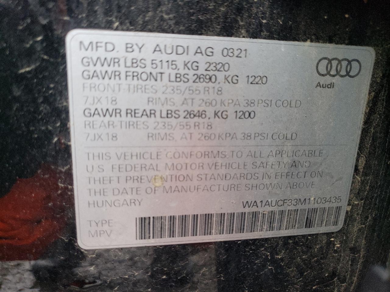 2021 Audi Q3 Premium 40 VIN: WA1AUCF33M1103435 Lot: 81636054