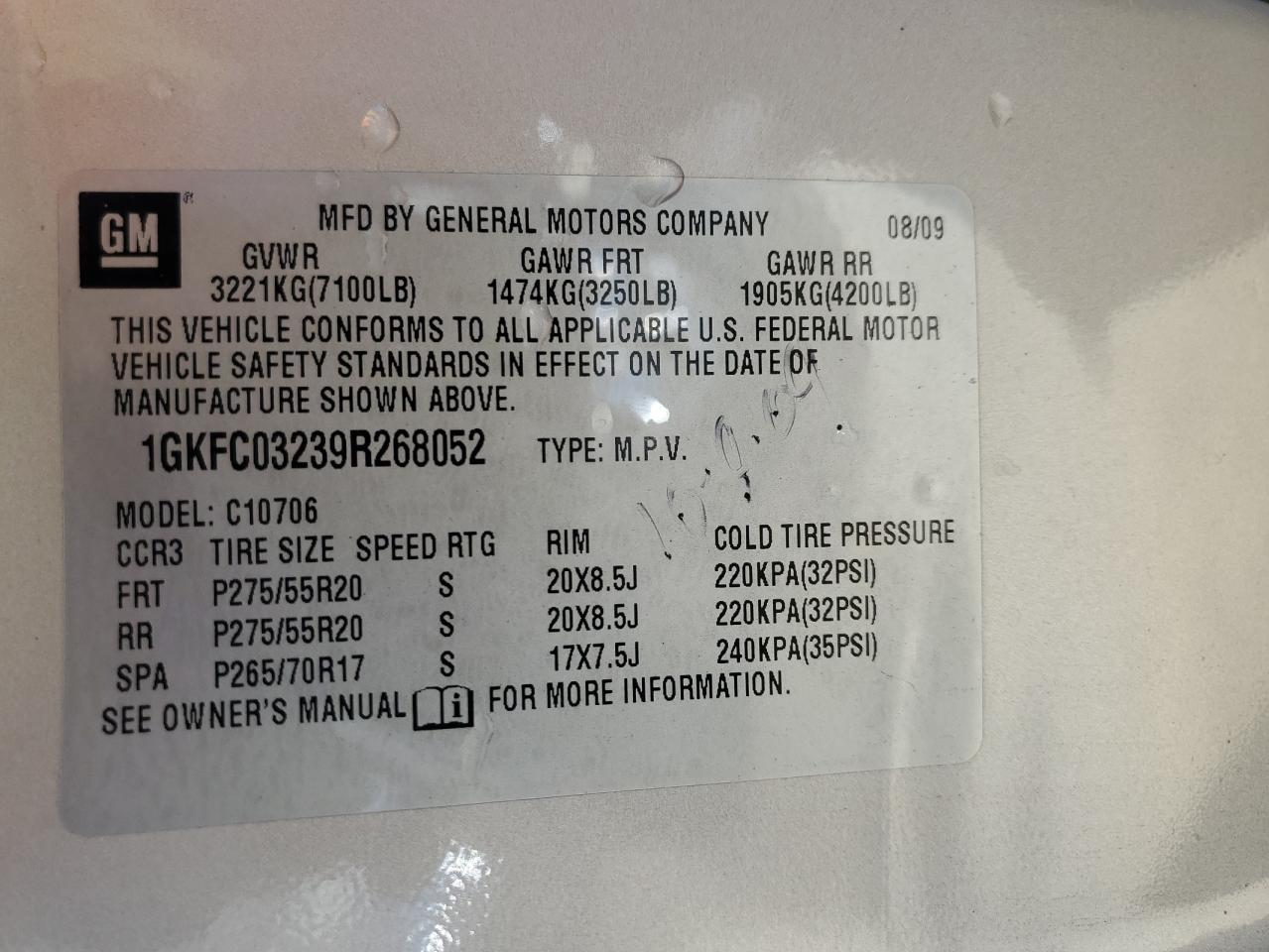 2009 GMC Yukon Denali VIN: 1GKFC03239R268052 Lot: 81762014