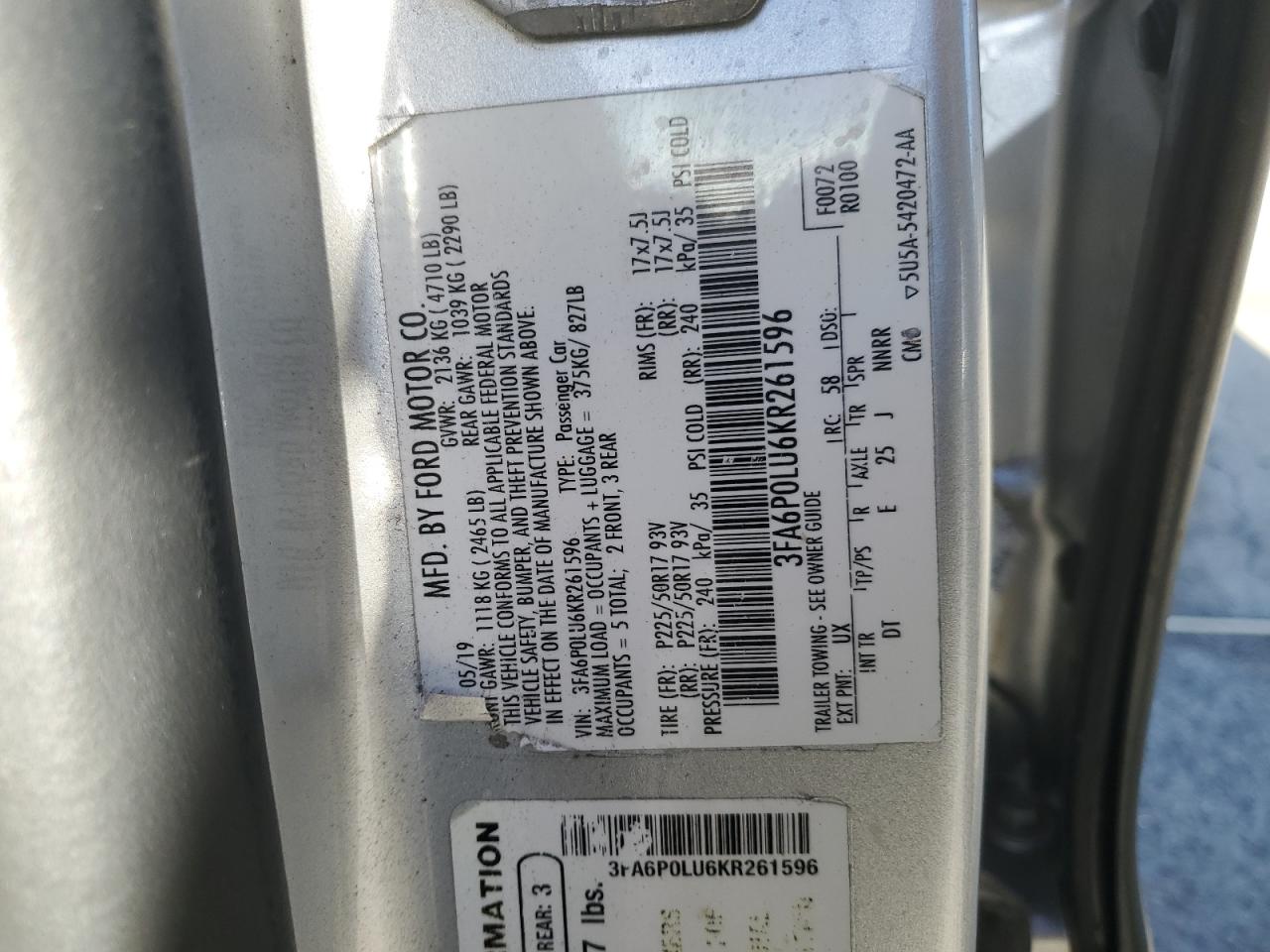 2019 Ford Fusion Se VIN: 3FA6P0LU6KR261596 Lot: 80697294