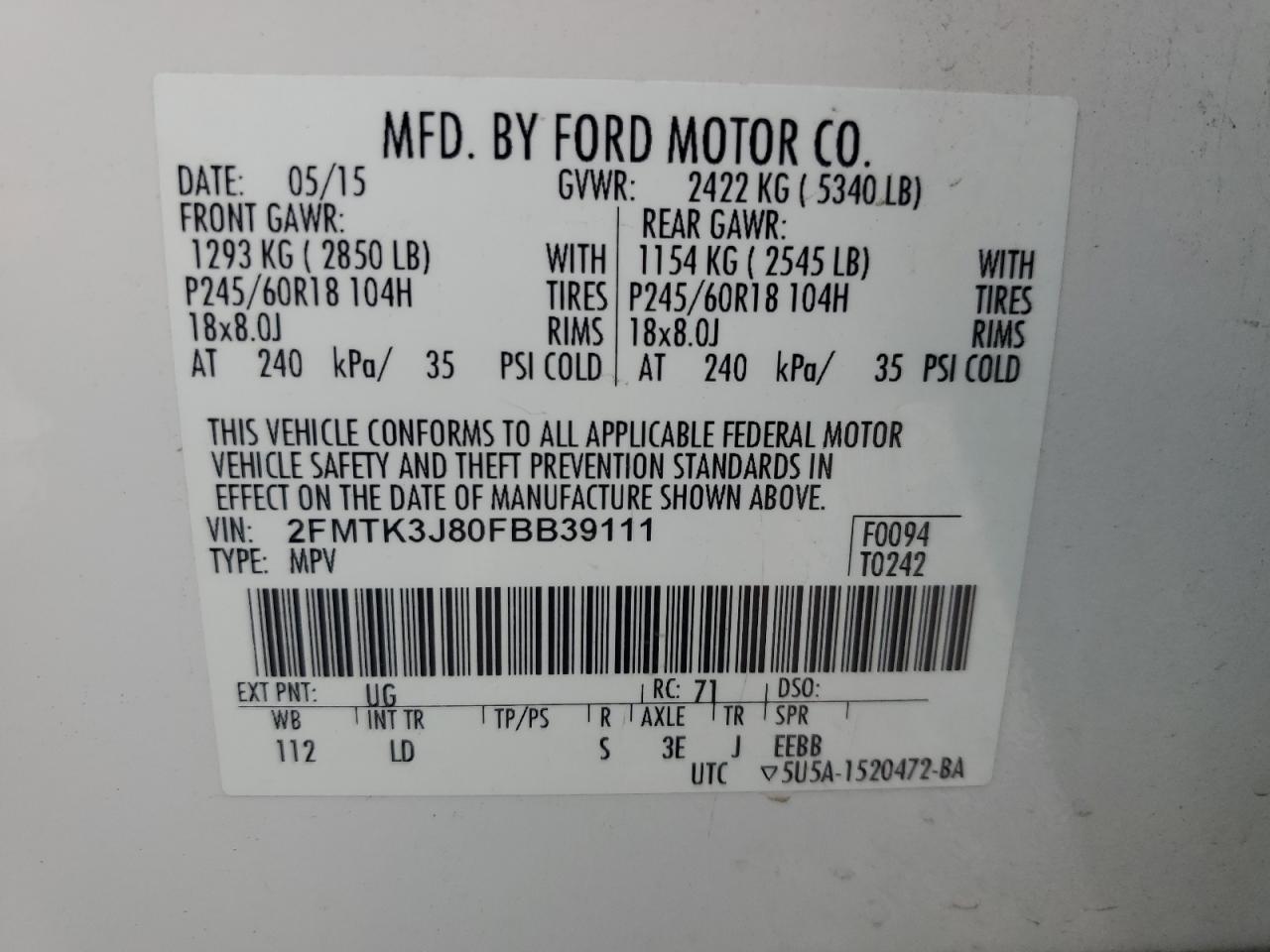 VIN 2FMTK3J80FBB39111 2015 FORD EDGE no.13