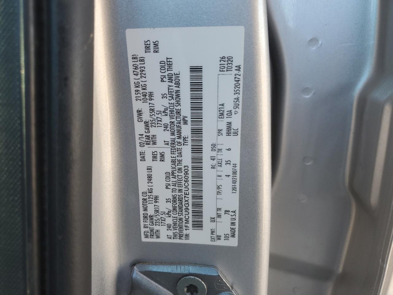 VIN 1FMCU9GX7EUC60903 2014 FORD ESCAPE no.13