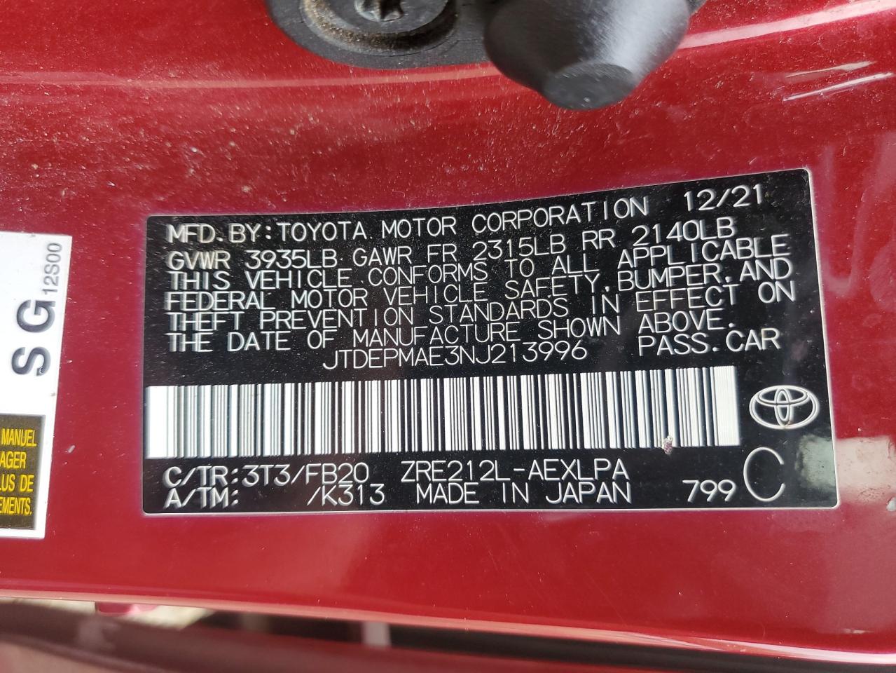 VIN JTDEPMAE3NJ213996 2022 TOYOTA COROLLA no.12