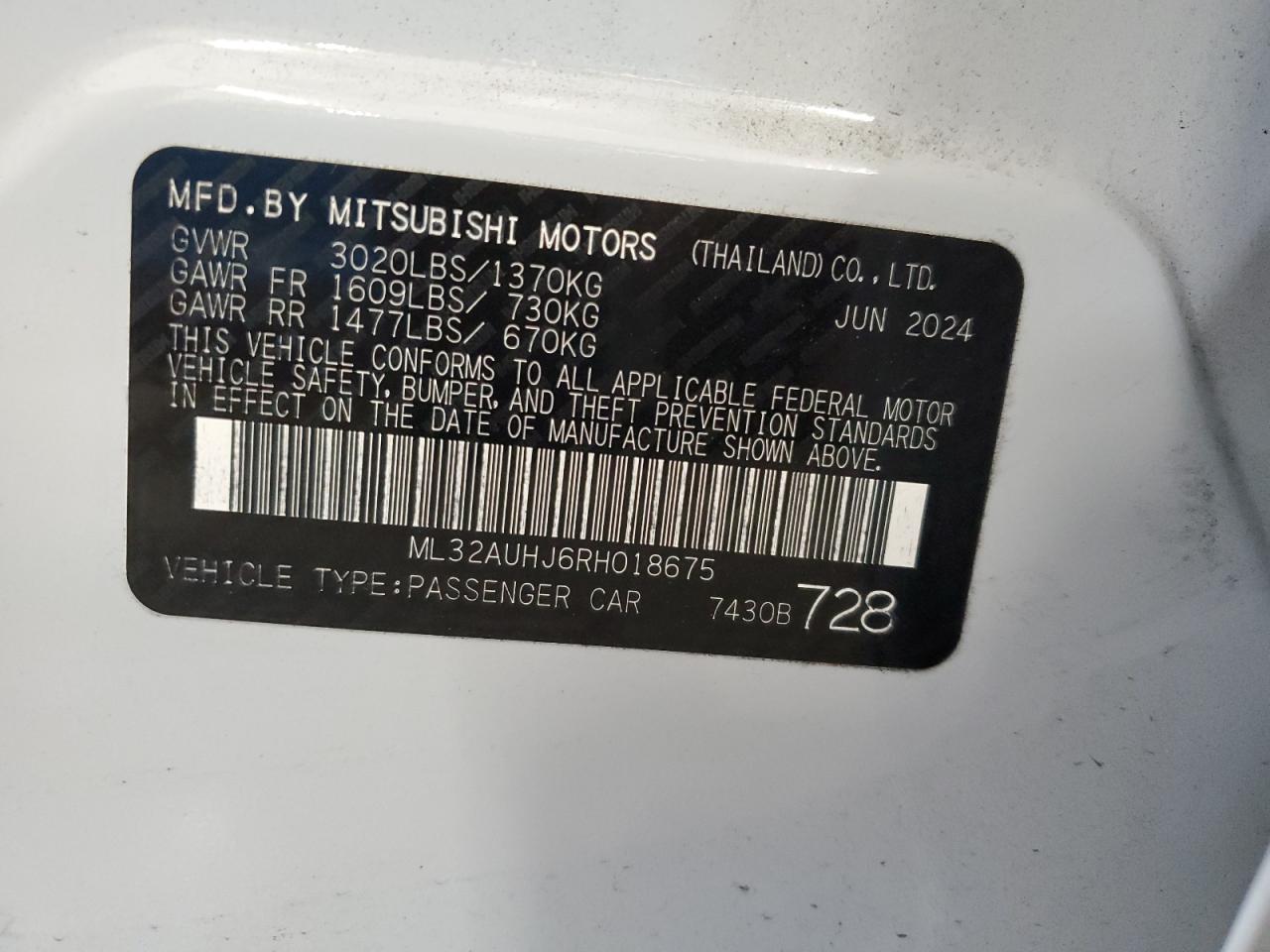 2024 Mitsubishi Mirage Es VIN: ML32AUHJ6RH018675 Lot: 79115834