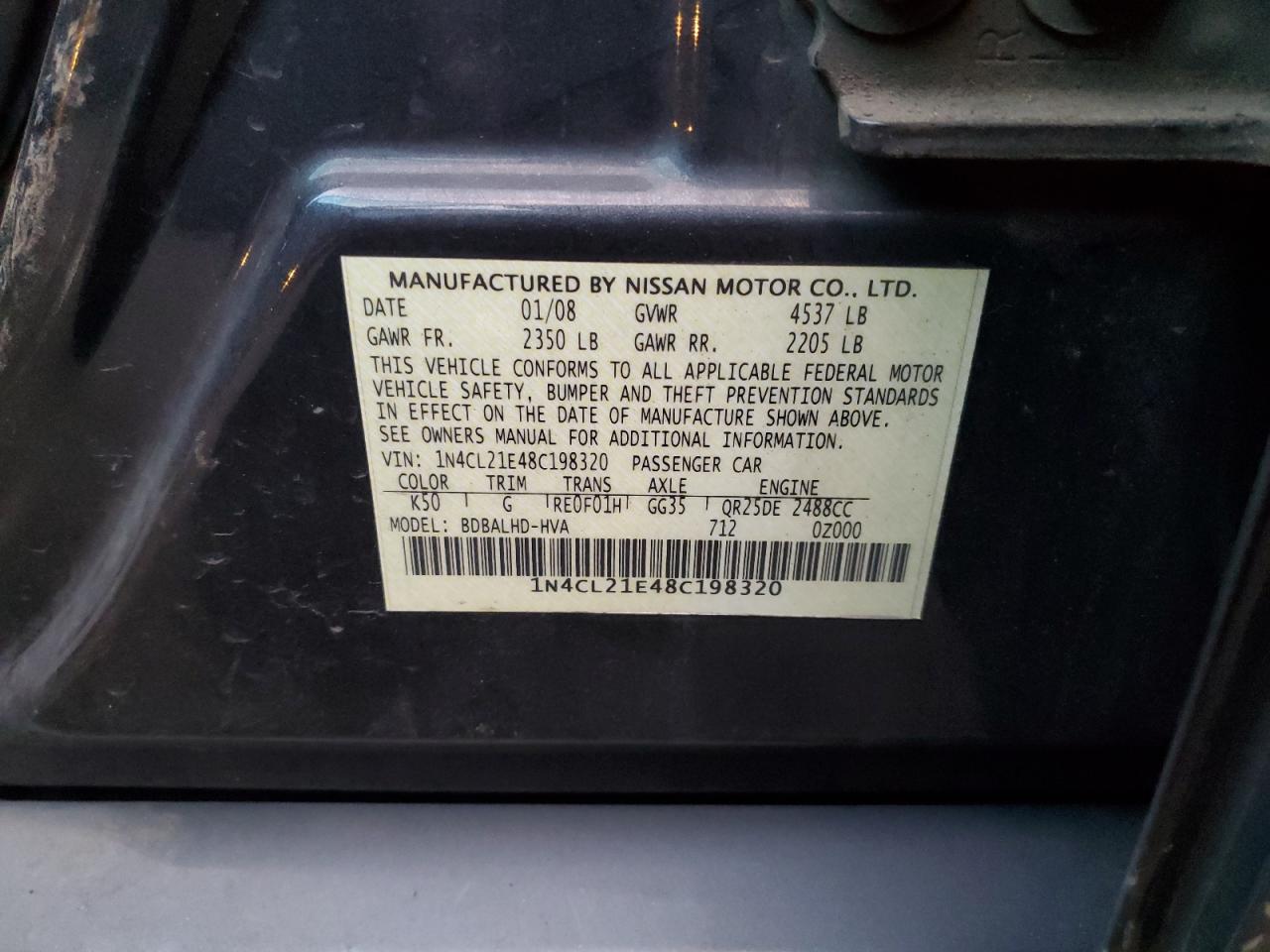 2008 Nissan Altima Hybrid VIN: 1N4CL21E48C198320 Lot: 81313644