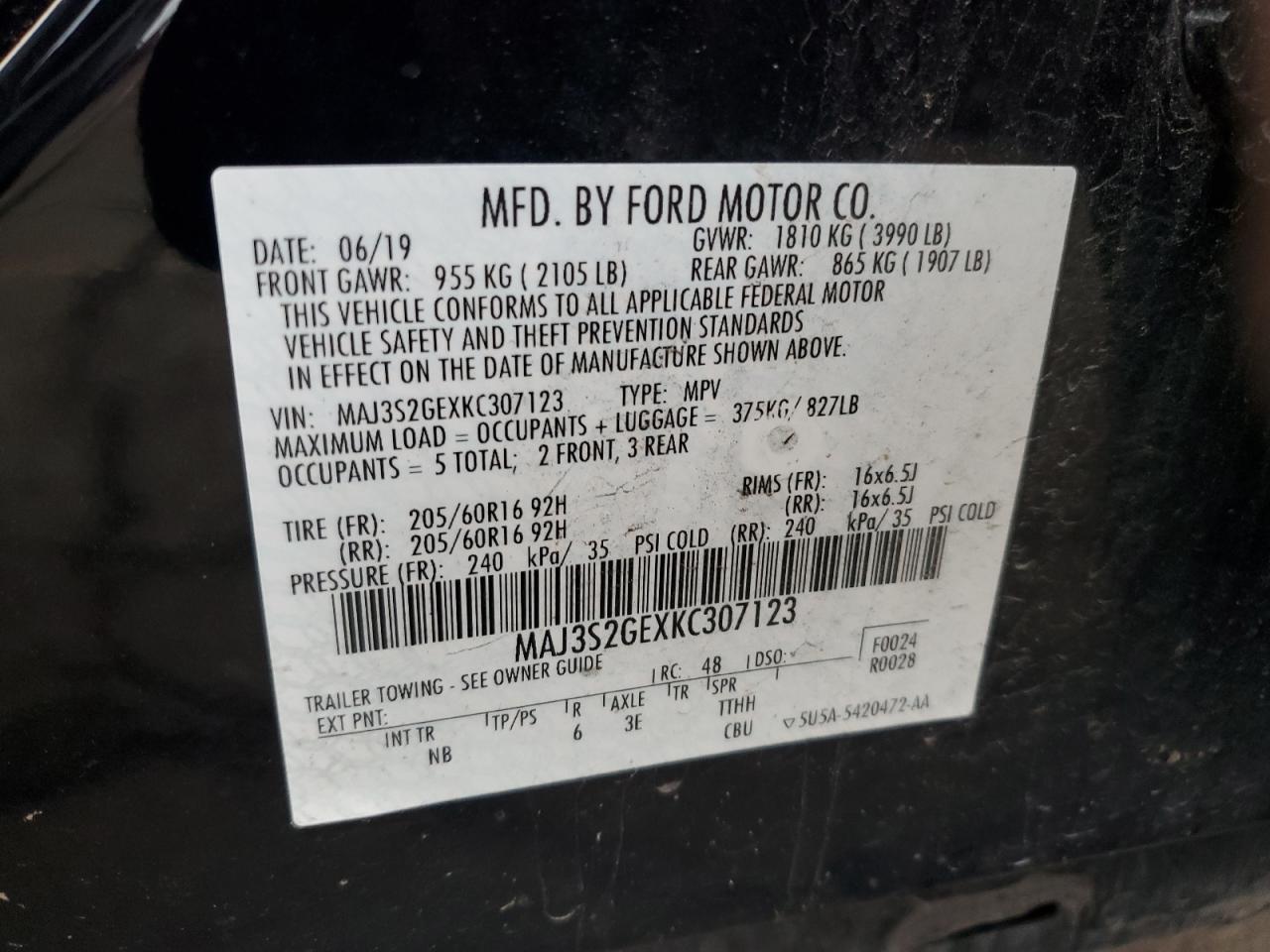 MAJ3S2GEXKC307123 2019 Ford Ecosport Se