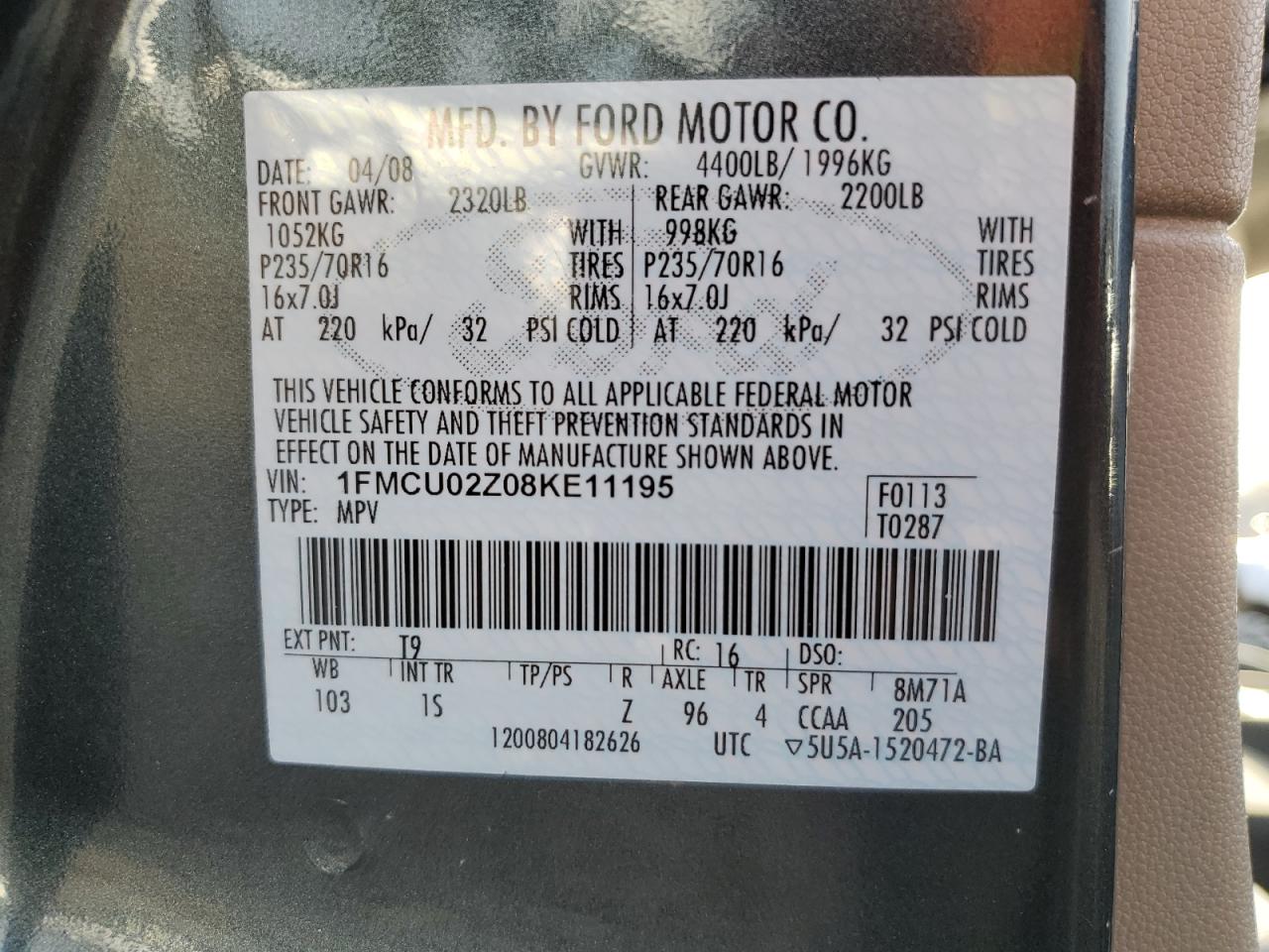 2008 Ford Escape Xls VIN: 1FMCU02Z08KE11195 Lot: 80593134