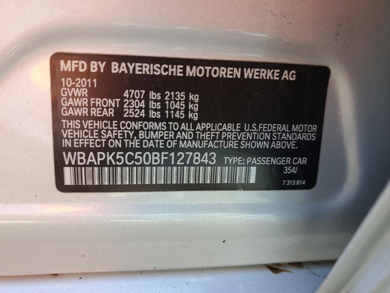 2011 BMW 328 Xi Sulev VIN: WBAPK5C50BF127843 Lot: 79286824