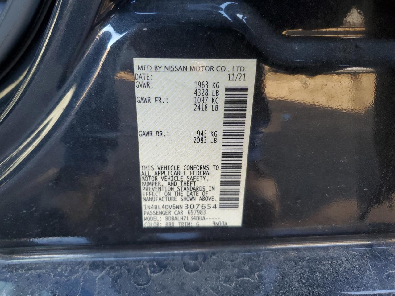 2022 Nissan Altima Sv VIN: 1N4BL4DV6NN307654 Lot: 80511974
