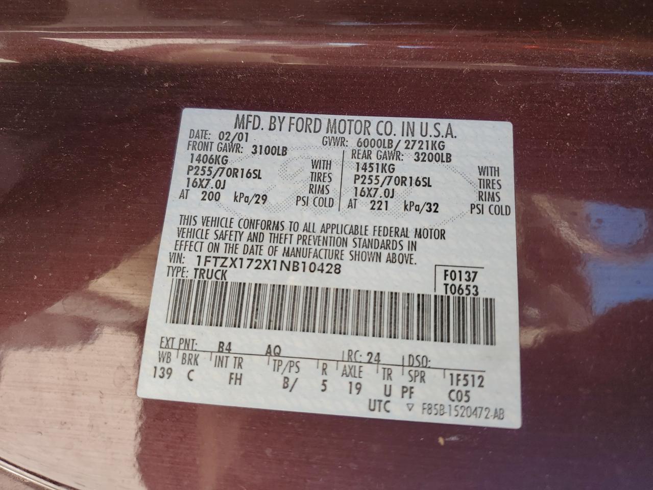 2001 Ford F150 VIN: 1FTZX172X1NB10428 Lot: 80050014