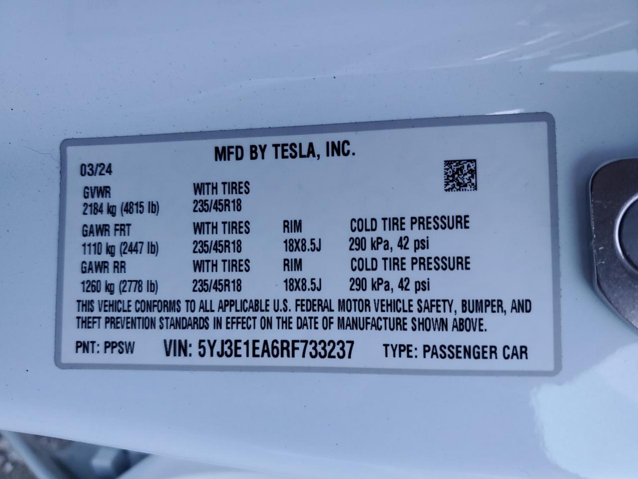 2024 Tesla Model 3 VIN: 5YJ3E1EA6RF733237 Lot: 80409054