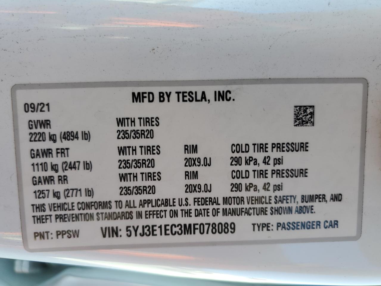 2021 Tesla Model 3 VIN: 5YJ3E1EC3MF078089 Lot: 79732294