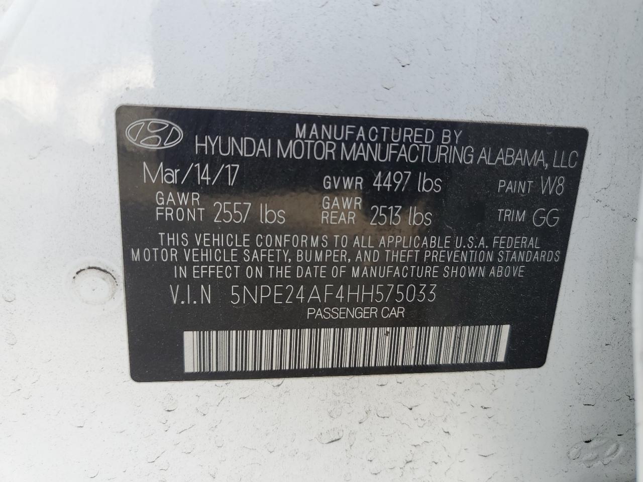 VIN 5NPE24AF4HH575033 2017 HYUNDAI SONATA no.12