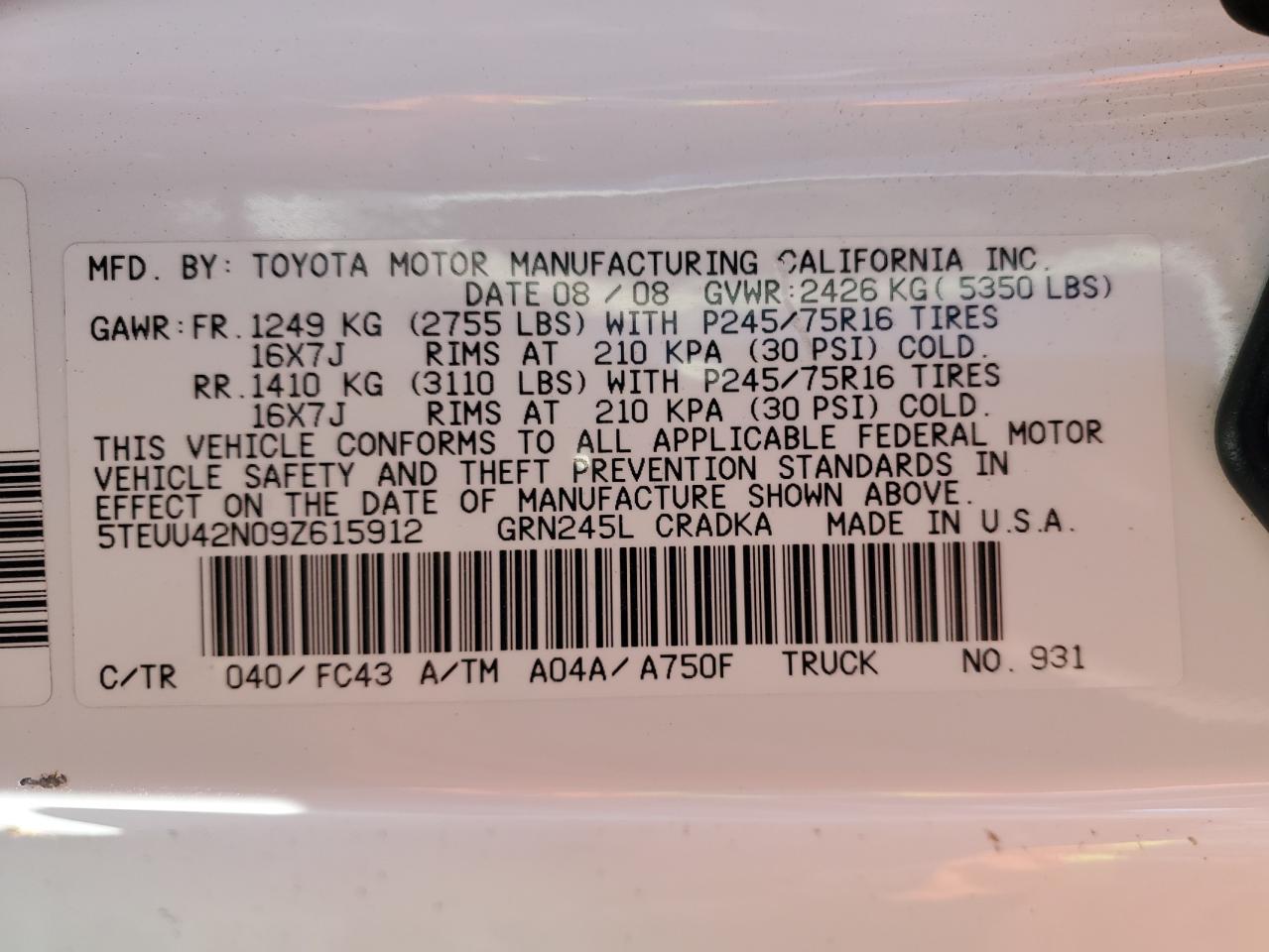 5TEUU42N09Z615912 2009 Toyota Tacoma Access Cab