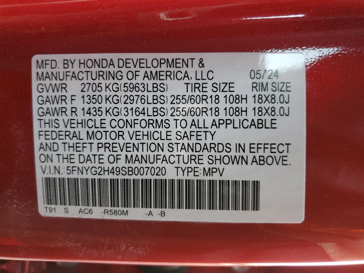 VIN 5FNYG2H49SB007020 2025 HONDA PILOT no.14