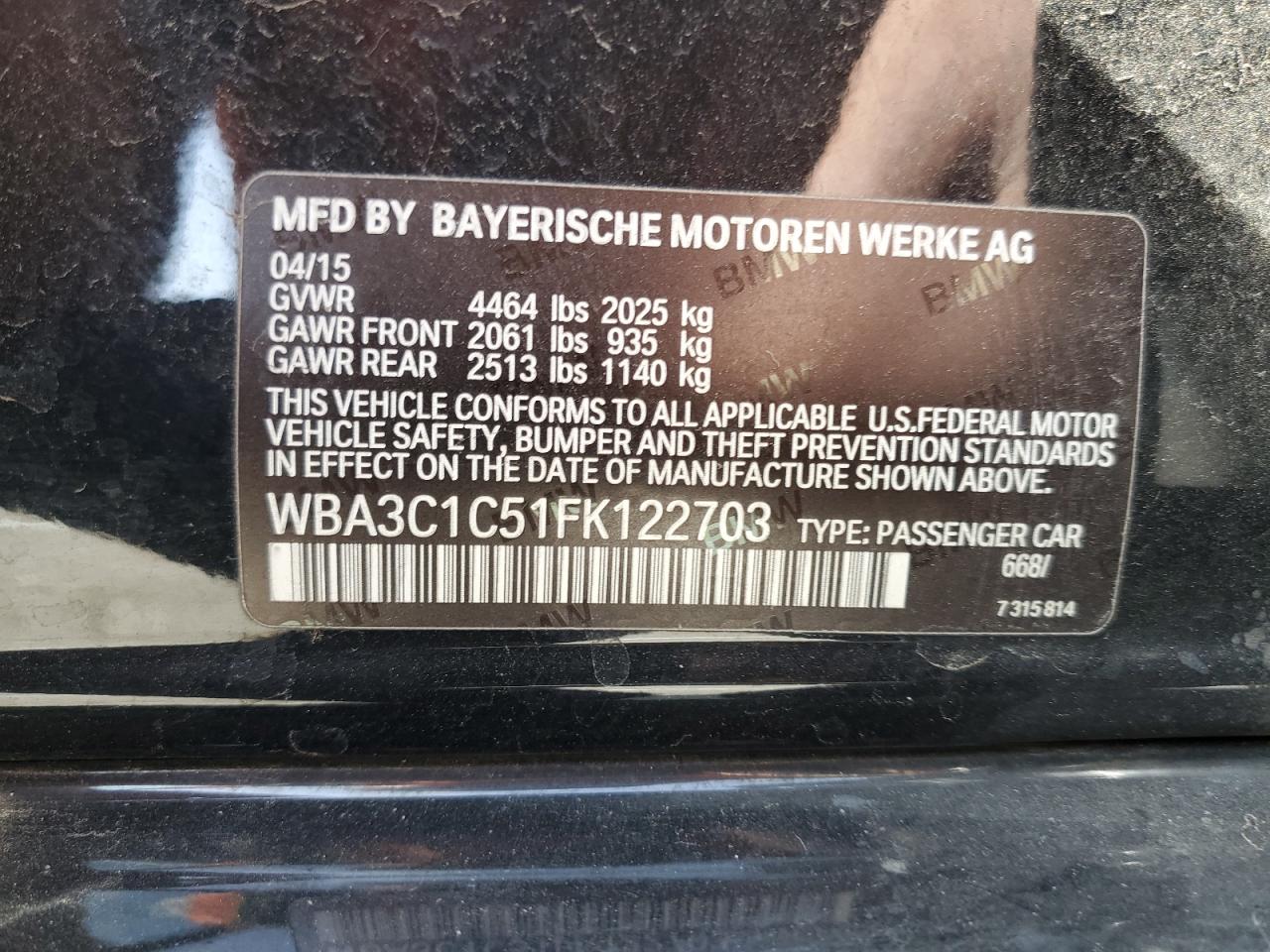 2015 BMW 328 I Sulev VIN: WBA3C1C51FK122703 Lot: 81203064