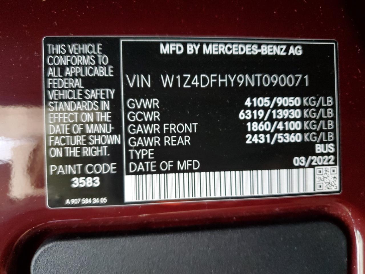 2022 Mercedes-Benz Sprinter 2500 VIN: W1Z4DFHY9NT090071 Lot: 80545164