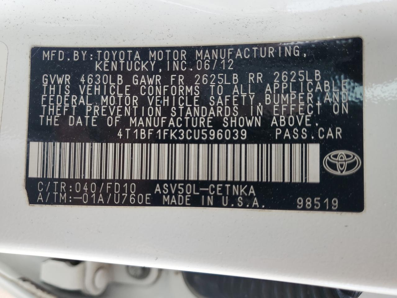 2012 Toyota Camry Base VIN: 4T1BF1FK3CU596039 Lot: 80531464