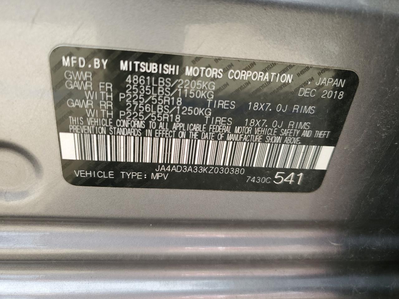 2019 Mitsubishi Outlander Se VIN: JA4AD3A33KZ030380 Lot: 81108304