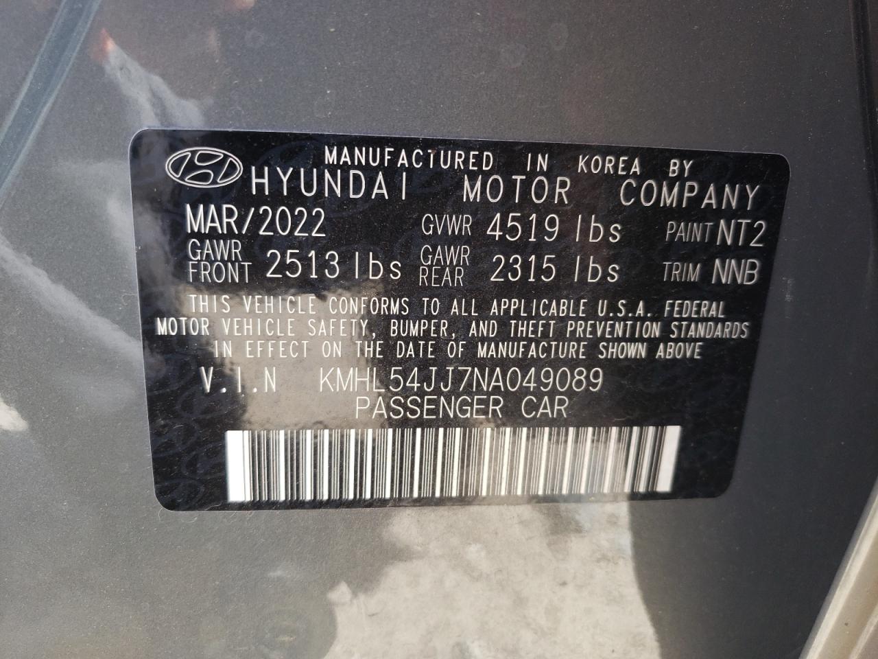 2022 Hyundai Sonata Hybrid VIN: KMHL54JJ7NA049089 Lot: 78785584