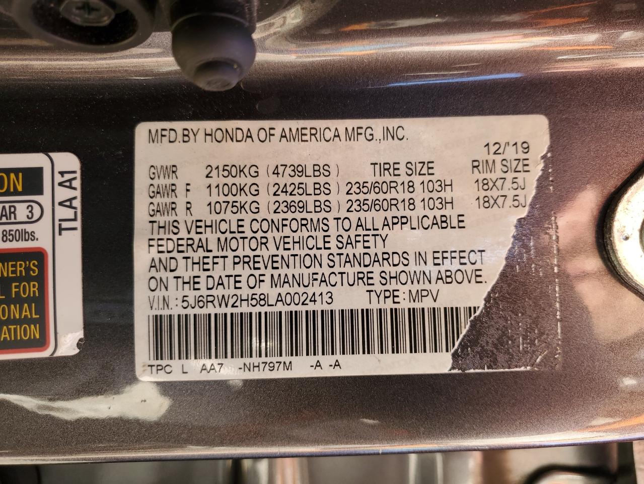 2020 Honda Cr-V Ex VIN: 5J6RW2H58LA002413 Lot: 72158734