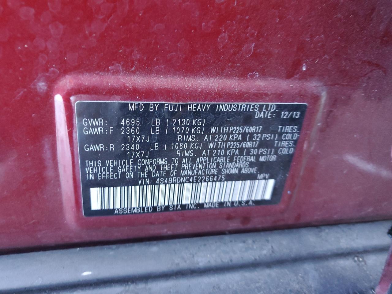 2014 Subaru Outback 3.6R Limited VIN: 4S4BRDNC4E2266475 Lot: 82402244