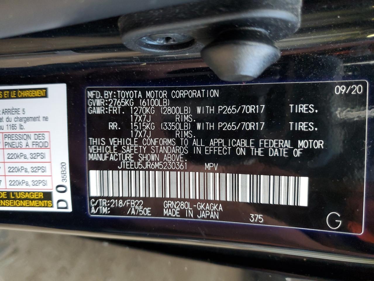 2021 Toyota 4Runner Sr5 VIN: JTEEU5JR6M5230361 Lot: 51536685